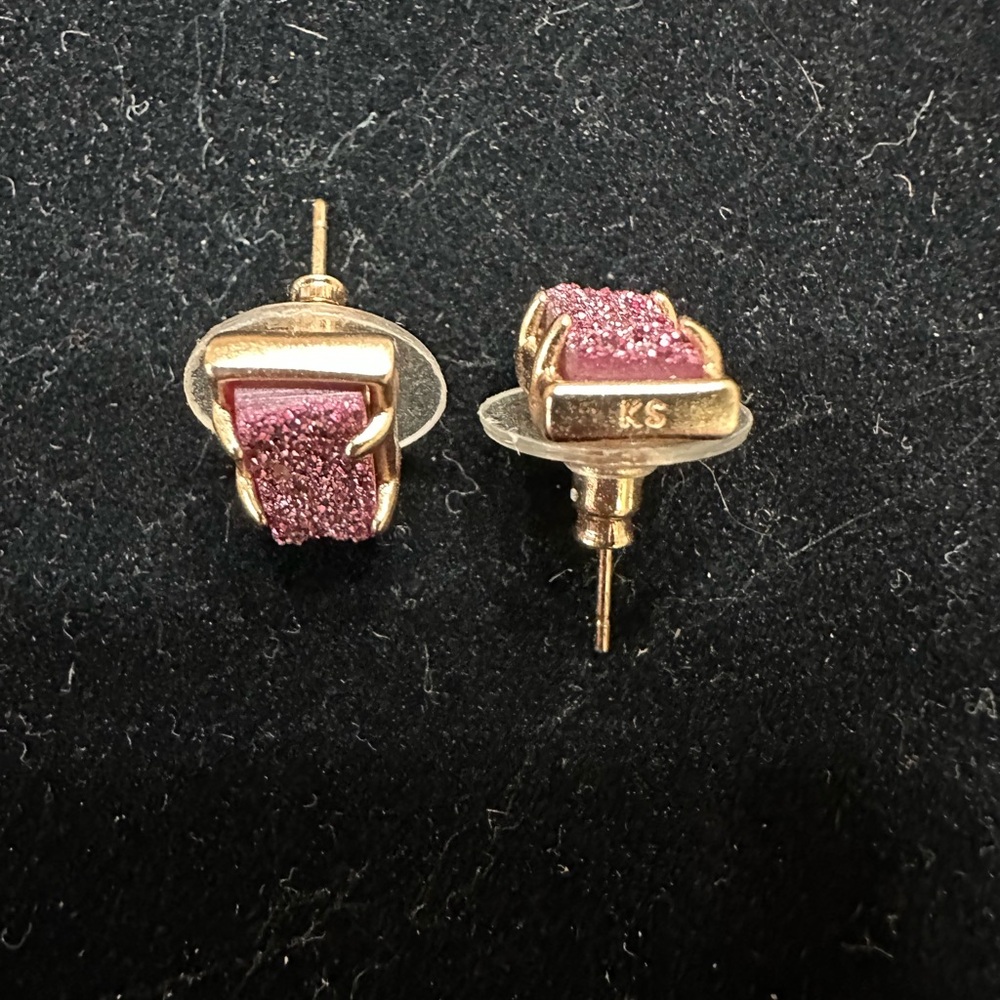 Gold Fushia Pink Drusy Rectangular Earrings